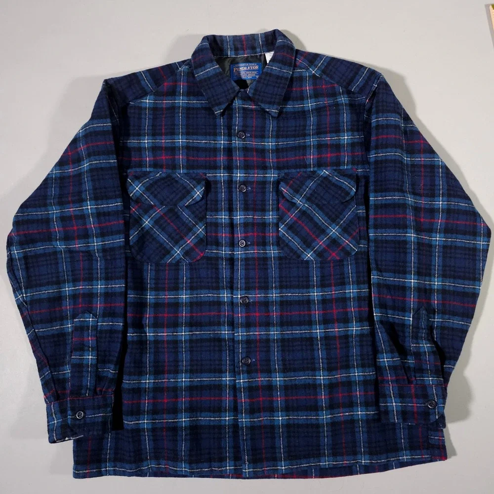 Pendleton Flannel Shirt Mens L Blue Plaid Wool  Tartan Made in USA Loop Collar‎